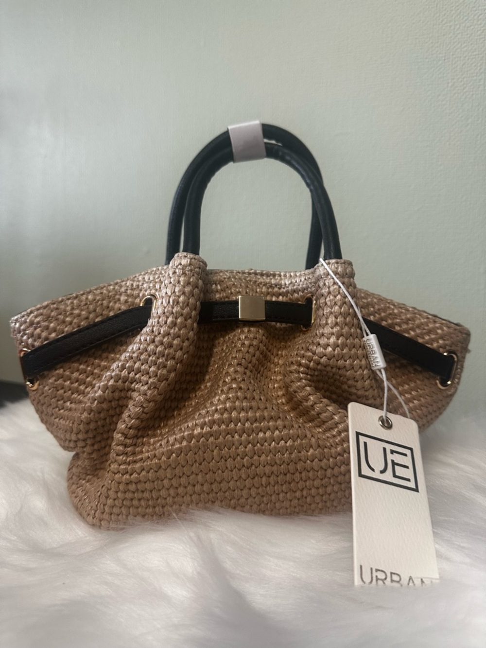 Urban Expressions Tan Woven Tote with Black Handles